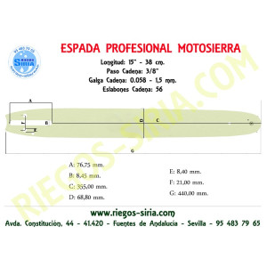 Espada 3/8" 1,5mm 38cm Adap 55 154 254 257 261 262 357XP 359 362XP 455 545 550 555 560XP 120073