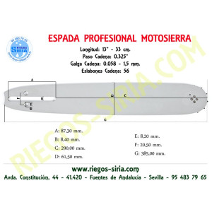 Espada 0.325" 1,5mm 33cm Adap 133 136 137 140 141 142 154 235 236 240 450 455 EL16 EL1400 EL1500 EL1600 120070