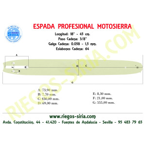 Espada 3/8" 1,5 mm. 45 cm. adap 55 154 254 257 261 262 357 359 362 455 545 550 555 560 120079