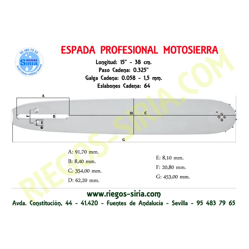 Espada 0.325" 1,5mm 38cm Adap P460 P500 P510 P522 PRO600 PRO5400 PROF41 PROF45 120072