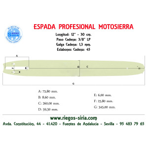 Espada Hobby 3/8"BP 1,3mm 30cm adap DCS34 DCS330 DCS340 DCS341 DCS390 DCS400 DCS401 DCS3416 DCS3500 DCS3501 DCS4300 DCS4301 1...