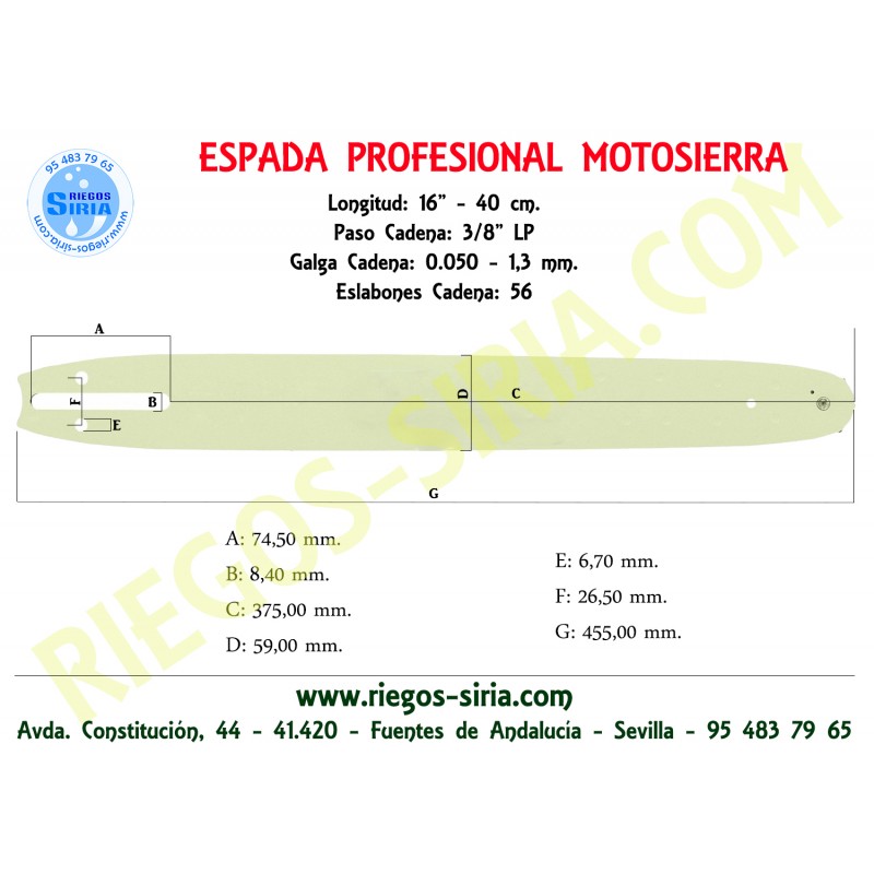 Espada Hobby 3/8"BP 1,3mm 40cm adap EB356 EB358 EBC1840DK MC3516 MC4218AV MCC1435A MCC1635A MCC1840B MS354 MXC1840D Mac Cat 4...