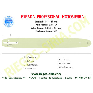 Espada Hobby 3/8"BP 1,3mm 45cm adap EB356 EB358 EBC1840DK MC3516 MC4218AV MCC1435A MCC1635A MCC1840B MS354 MXC1840D Mac Cat 4...