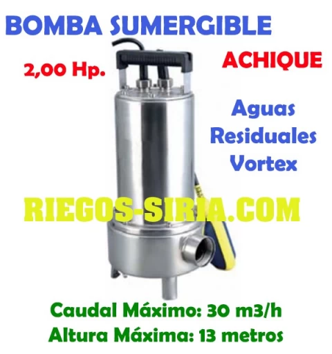 BOMBA SUMERGIBLE ACHIQUE 1.6 CV 220 V MONOFASICA AGUAS SUCIAS CON